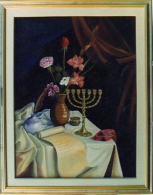 Ceramiche d-Arte di Albisola - Natura  morta dipinta d olio, con candelabro ebraico e versetto tratto dal "Il cantico dei Cantici"
F. Guarino